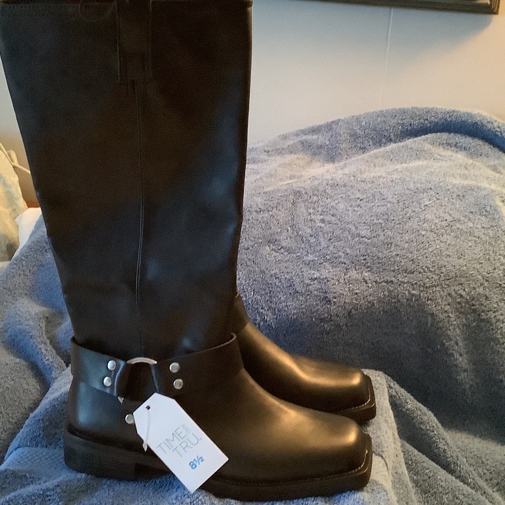 Tall Black Harness Boots with Ring Accent